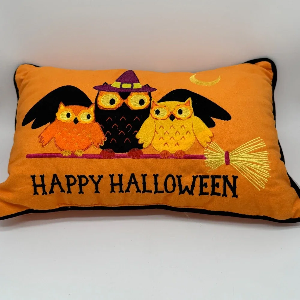 The Midnight Market Embroidered Halloween Owls Lumbar Accent Pillow Orange 11x17
